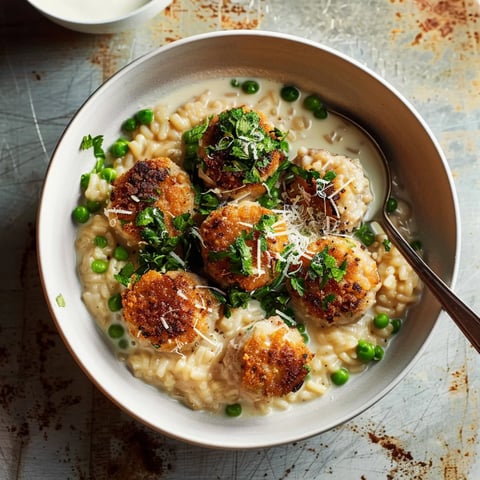 Risotto crémeux avec boulettes et pois
