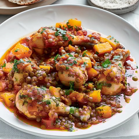 Poulet mijoté tomates lentilles