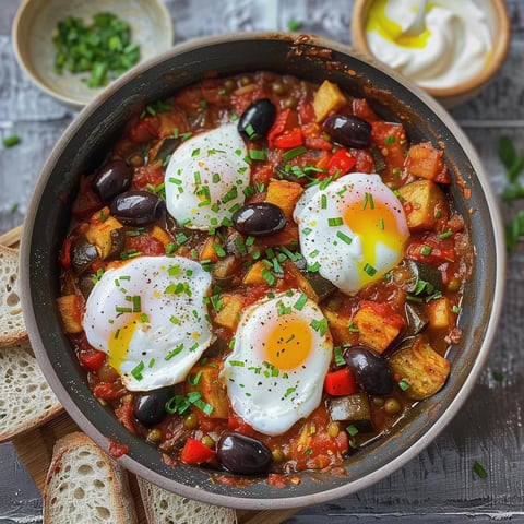Plat méditerranéen avec oeufs pochés et légumes