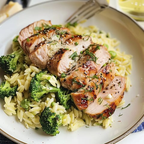 Brocoli, porc et orzotto crémeux