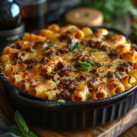 Un plat chaud de pâtes gratinées au bœuf et fromage parfaitement doré.