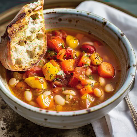 Un bol en céramique rempli d’une soupe chaude aux légumes rôtis.