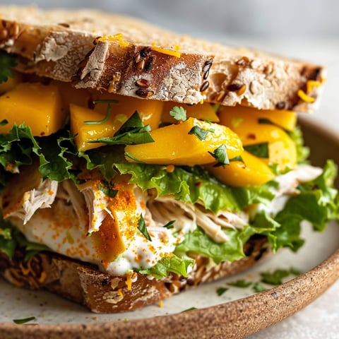 Un plateau avec un sandwich de poulet et mangue fraîche.