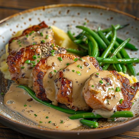 Une portion de porc nappée d’une sauce crémeuse et relevée à la moutarde.