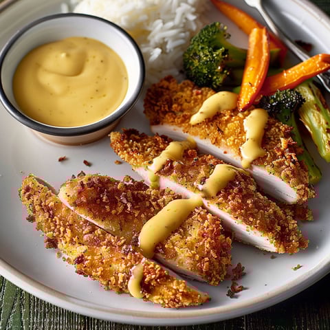 Assiette gourmande de dinde croustillante avec sauce miel et moutarde, entourée de légumes grillés.