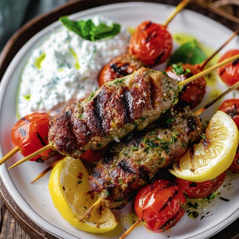 Des brochettes tendres d’agneau accompagnées de légumes grillés et d'une sauce onctueuse.