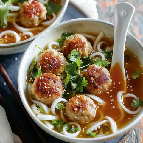 Soupe udon au quinoa et porc, garnie de légumes frais et d'aromates.