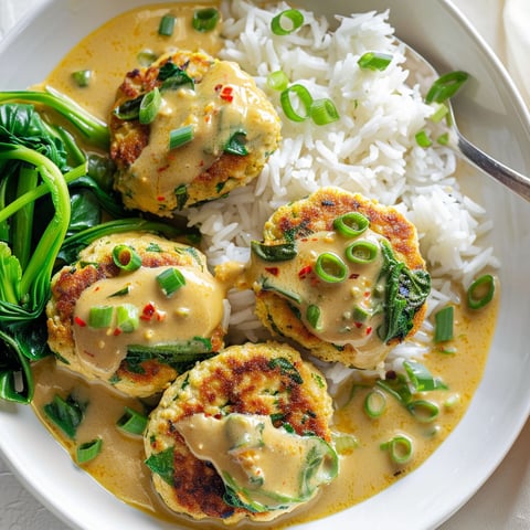 Galettes maison au tofu et à la dinde dans leur sauce coco, accompagnées de légumes verts.