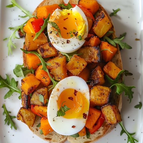 Un pain ouvert garni de légumes rôtis et œufs mollets, accompagné de roquette fraîche.