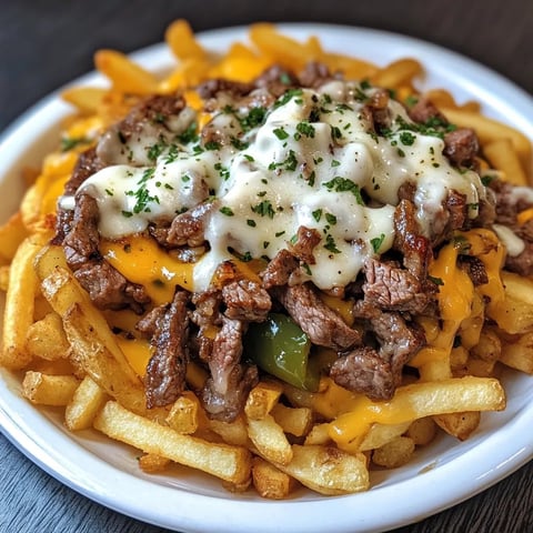 Un plateau de frites steak et fromage avec des herbes et épices, tout droit sorti du four, prêt à être dégusté.