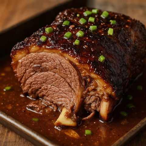 Un plat d’épaule d’agneau bien dorée arrosée de miel et ornée de persil, servie dans un plat argenté.