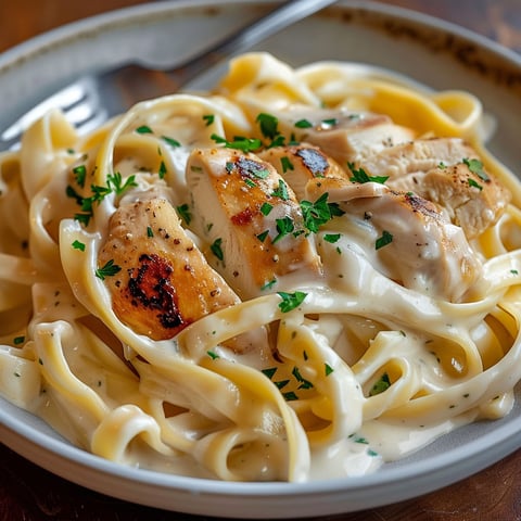 Un plat généreux de pâtes au poulet dans une sauce crémeuse ail et herbes.