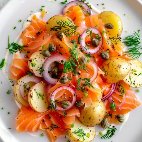 Salade nordique estivale avec saumon fumé, pommes de terre, oignons et aneth.