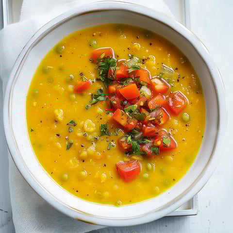 Un bol de soupe aux pois jaunes et tomates, prêt à être savouré.