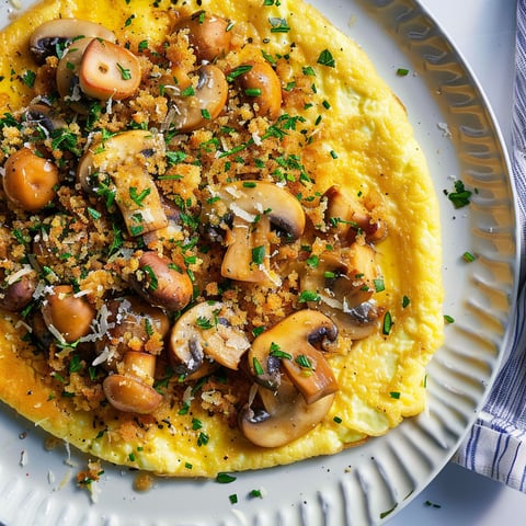 Plateau avec une omelette garnie de champignons et chapelure croquante aux herbes.