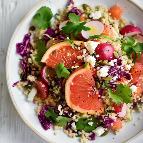 Une belle salade de quinoa croquant avec chou rouge, radis et feta accompagnée de pamplemousse.