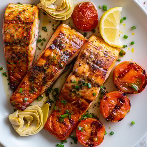 Saumon croustillant avec tomates et artichauts.