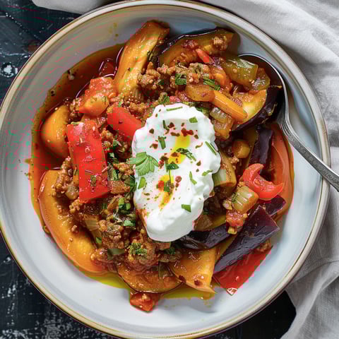 Un savoureux mélange d’aubergine, d’agneau et de poivrons mijotés avec des épices.