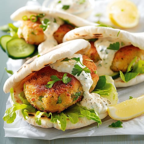 Pains pitas garnis de croquettes de poisson et légumes frais.