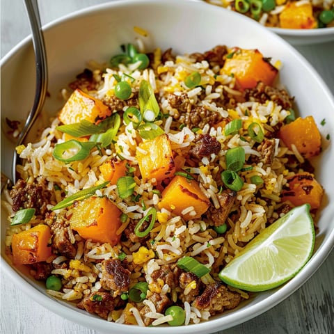 Un bol blanc rempli de riz doré avec des morceaux de courge et de bœuf, parsemé d'herbes fraîches et d'épices.