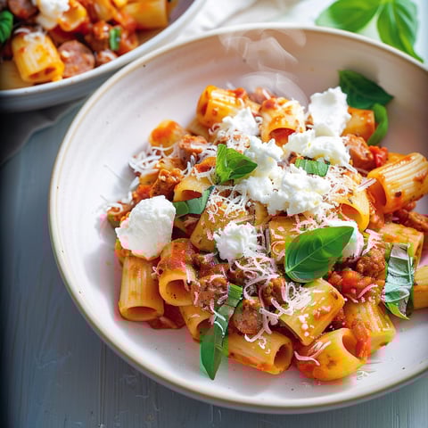 Bol de pâtes ricotta saucisse avec des herbes fraîches et légumes colorés.