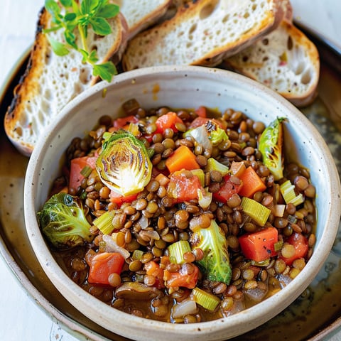 Un plat chaleureux de lentilles aux légumes d’hiver, avec pain grillé et garniture fraîche.