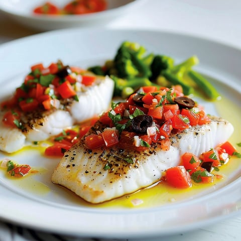 Poisson blanc garni de sauce aux olives noires.