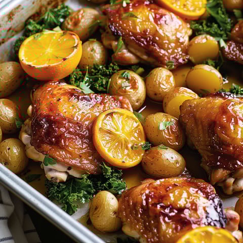 Poulet rôti avec légumes et tranches d’orange, nappé de sauce au miel.