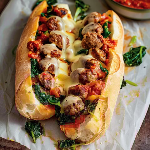 Un sandwich garni de saucisse italienne, rapinis et fromage, avec herbes fraîchement ajoutées.