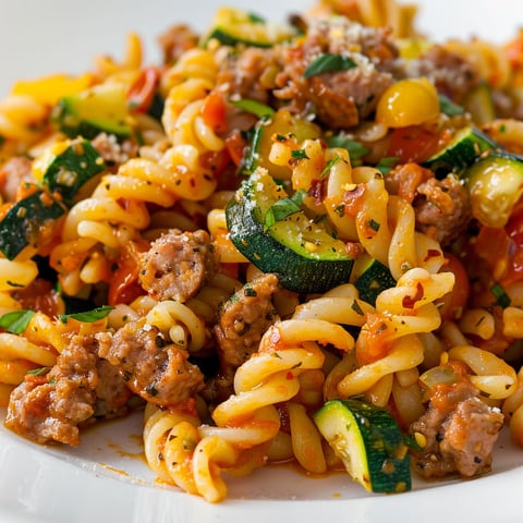 Un plat de torsades mélangées avec des courgettes et des morceaux de saucisses savoureuse.