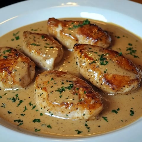 Poulet flambé au cognac avec crème et échalotes servi sur un grand plat.