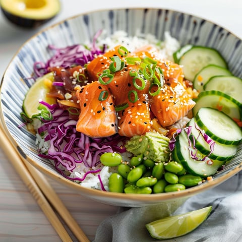 Salade équilibrée avec saumon cuit, edamames et légumes frais, pour un repas léger et coloré.
