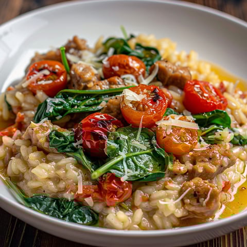 Délice au veau haché avec épinards et tomates rôties, servi sur un plateau en bois.