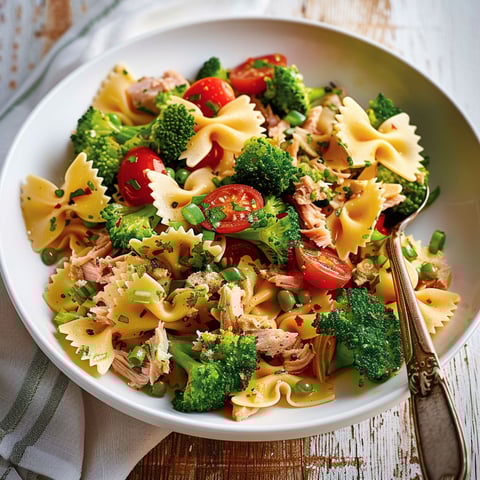 Un plat de pâtes tiède aux brocolis et thon servi dans un bol simple.