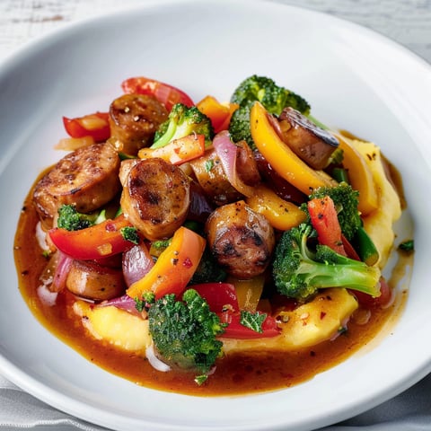 Une belle assiette de saucisses sur polenta avec légumes en garniture.