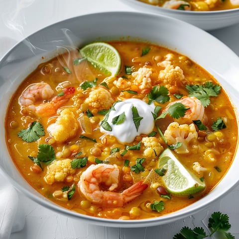 Une soupe avec lentilles rouges, chou-fleur et crevettes dans un joli bol transparent.