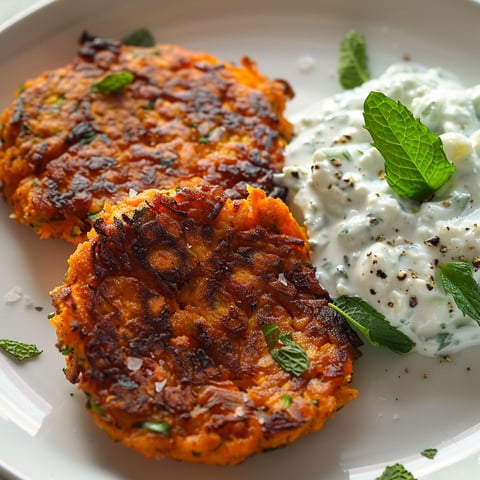 Plat de galettes croustillantes à base de patates douces et tofu, servi avec une sauce et garnitures fraîches.
