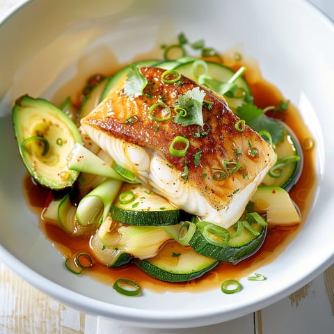 Morue dorée avec des lamelles de courgette et avocat, relevée d’une sauce au gingembre.