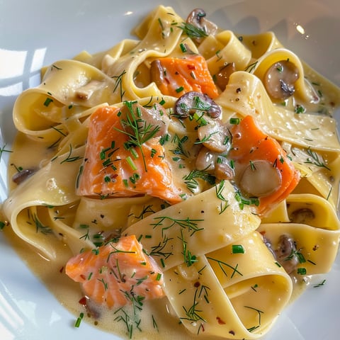 Pappardelles au saumon et shiitakes accompagnées de fines herbes et champignons.