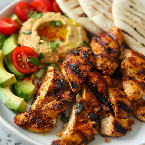 Poulet grillé avec légumes frais, guacamole, pain pita et sauce à côté.