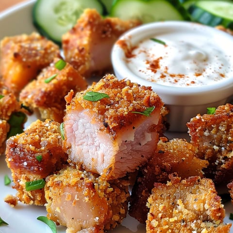 Porc croustillant assaisonné, accompagné de légumes et d'une sauce mélangée, disposé sur une assiette.