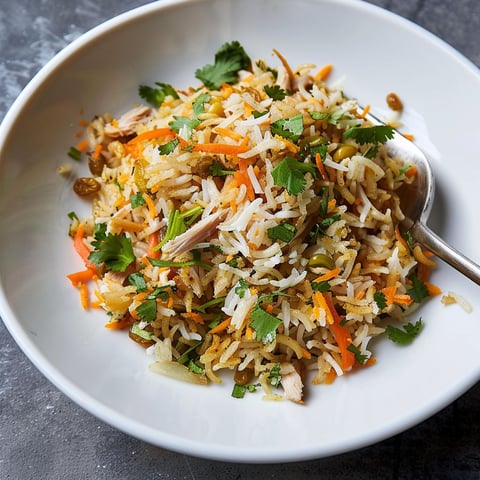Un plat de dinde parfumée aux épices indiennes, servis avec riz et légumes colorés.