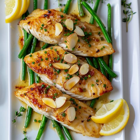 Sole aux amandes et haricots avec citron rôti sur plaque.