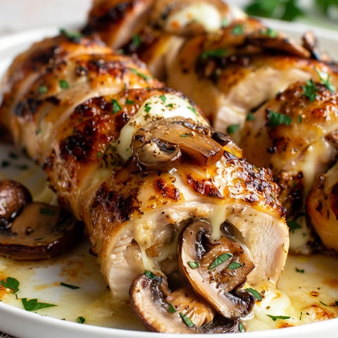 Plat gourmand de poulet garni de champignons et fromage fondant, parfait en famille.