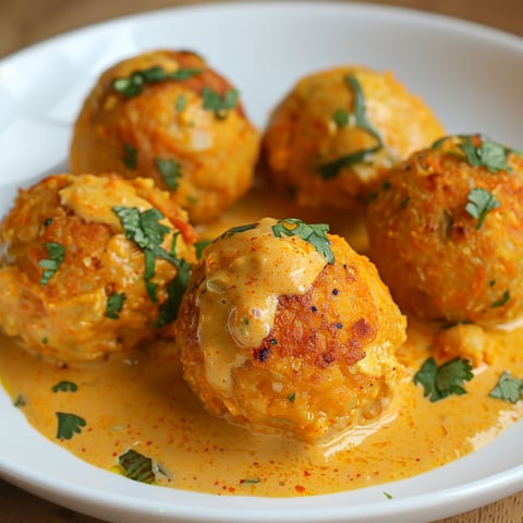 Boulettes épicées aux carottes nappées de sauce coco curry.