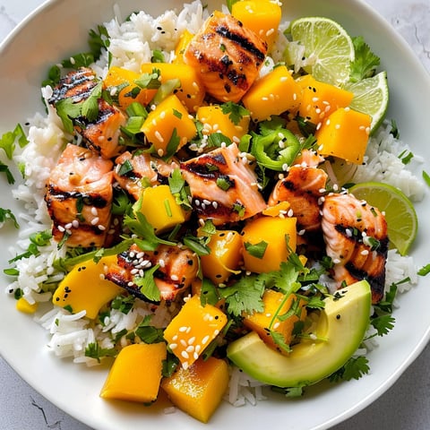 Plat coloré à base de riz basmati, mangue et saumon grillé.