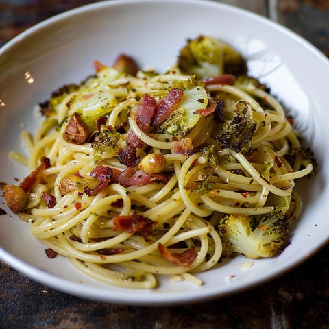 Un plat de chou rôti avec spaghettis, des touches de légumes verts et des lardons dorés présenté sur une table.
