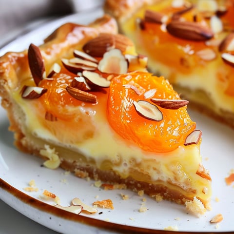 Un dessert aux abricots et amandes sur un plateau.