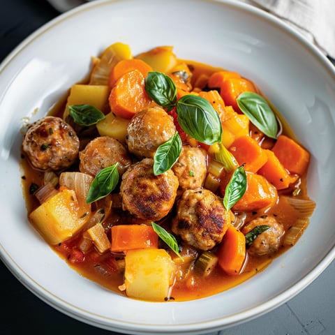 Un plat mijoté avec des boulettes de saucisse et légumes, garni de basilic frais.