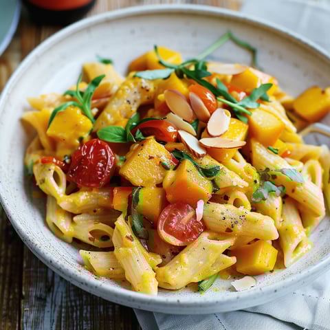Plat de pâtes aux légumes et épices avec salade de tomates.